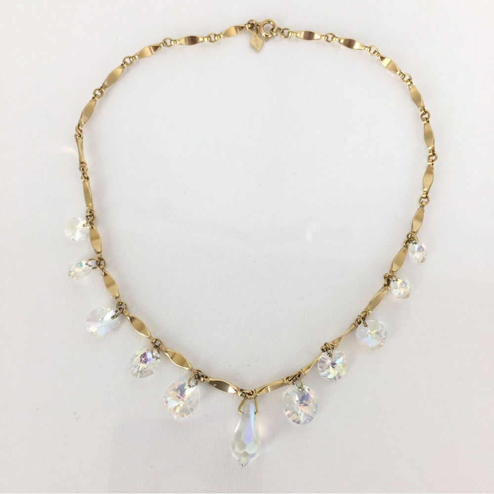Vintage Sarah Coventry 1960s "Crystal Fire" AB Drop Gold Tone Necklace 16” - Picture 6 of 13